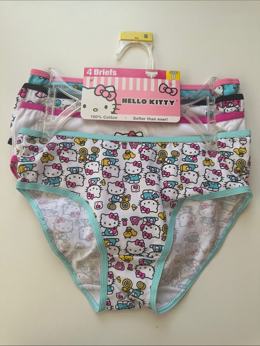Hello Kitty Girls Briefs - White with Pink & Teal Trim (4-Pack)